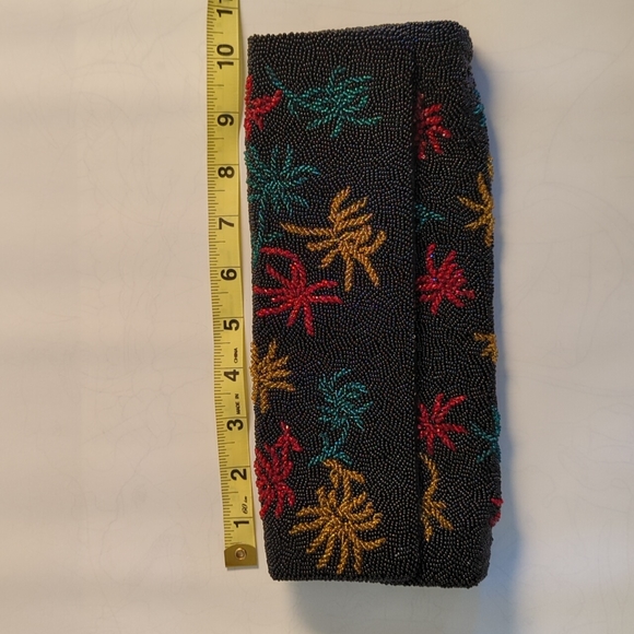 Vintage Black Beaded Evening Baguette Clutch Purse w/ Red, Gold and Green Detail - Picture 9 of 10